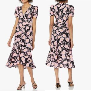 LIKELY $228 Mylene Black Pink Floral Midi Ruched Front Dress